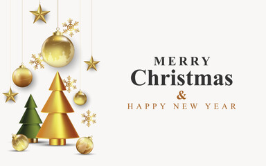 Fototapeta na wymiar Merry christmas and happy new year greetings template with golden christmas tree and christmas ball