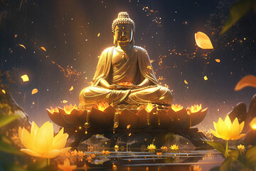 golden glowing buddha and big lotus