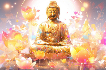 golden glowing buddha and big lotus