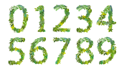 various kinds of numbers made of green leaves isolated on transparent background, PNG