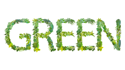 word of Green made from various kinds of leaves isolated on transparent background, suitable for template go green concept, PNG