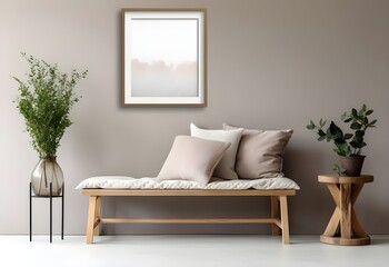 a muted gray framed artwork in a living room, in the style of light pink and light brown, zen-like tranquility, tonalist color scheme, dark amber and white, dreamy romanticism, natural simplicity