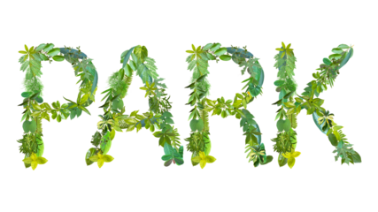 word of PARK made from various kinds of leaves isolated on transparent background, suitable for template go green concept, PNG