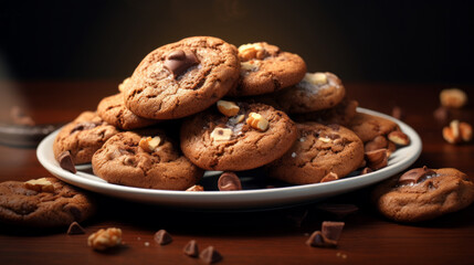 A plate of freshly-baked cookies, filled with chunks of chocolate and a sprinkle of walnuts 