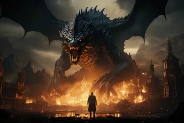 Deurstickers a man standing in front of a giant dragon with flames © Wirestock