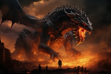 a dragon in front of a bonfire of lava and a man looking at it - obrazy, fototapety, plakaty