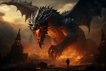 a dragon in the middle of an old city surrounded by flames