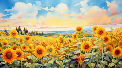 Fotobehang A sunflower field, watercolor, loose brushstrokes, warm tones. AI Generative © Horsi