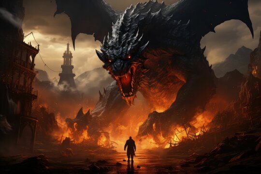 The Hobbi War Dragon And A Man Standing In Front Of A Fiery City