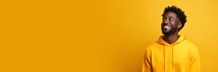 Adult smiling African-American black man in casual hoodie on isolated yellow background studio portrait. Positive people lifestyle concept. Empty space place for text, copy paste