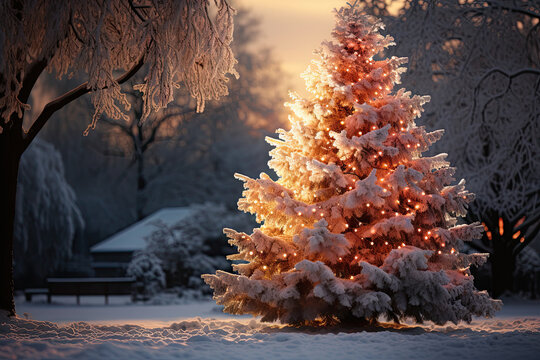 a snow covered christmas tree with lights on it's branches in front of a snowy - covered park at night
