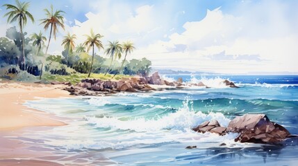 A tropical beach, watercolor, splatter effect, bright colors. AI Generative