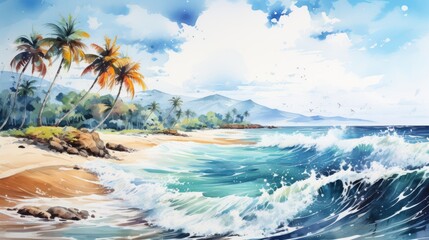 Fototapeta na wymiar A tropical beach, watercolor, splatter effect, bright colors. AI Generative