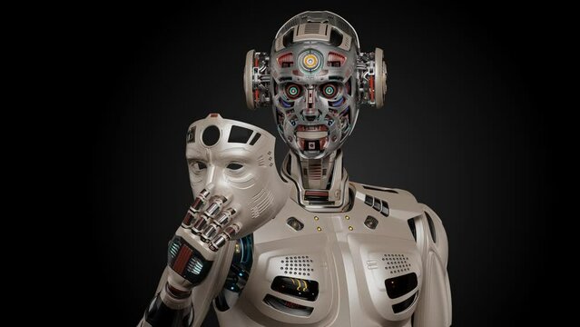 Detailed futuristic robot man or humanoid cyborg removes his face mask showing vey complex mechanism of his head with many gears. 3d rendering animation isolated on black background with alpha