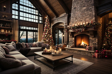 a living room with fireplace and christmas decorations on the mantles, couches, coffee table, and...