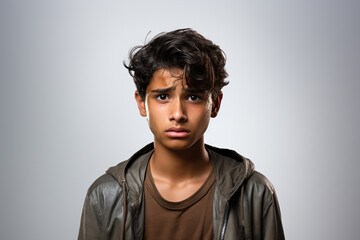 Upset depressed misunderstood stressed sad Indian teenager on studio background. Worried boy suffer from bullying at school, unrequited love or war. Social economic psychological age problems concept