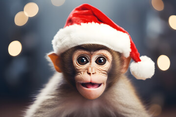 Monkey celebrating Christmas with Christmas caps and costumes 

