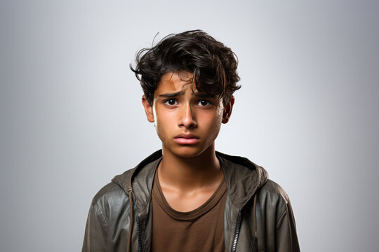 Upset depressed misunderstood stressed sad Indian teenager on studio background. Worried boy suffer from bullying at school, unrequited love or war. Social economic psychological age problems concept