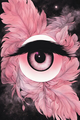 feathers and eyes converge, a captivating fusion of pink and black