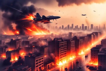 Warplanes are dropping bombs on a burning city.