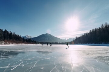 Frozen lake people skating. Snow lake active leisure season. Generate Ai