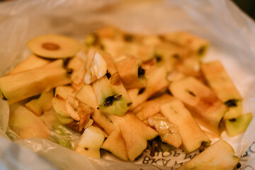 Apple cores in a bag. Harvesting apples for jam. Harvest from your own garden