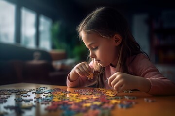 Girl playing puzzles. Interior adorable wooden home room toy. Generate Ai - obrazy, fototapety, plakaty