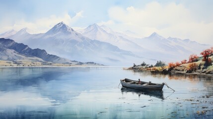 A watercolor painting of a boat on a lake with a mountain range in the background. AI Generative