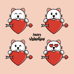 happy valentine cat with hearts set.