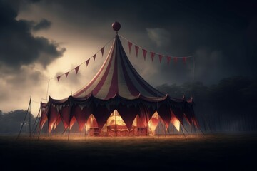 Gloomy circus night tent stage. Fun leisure flag circle festival. Generate Ai - obrazy, fototapety, plakaty