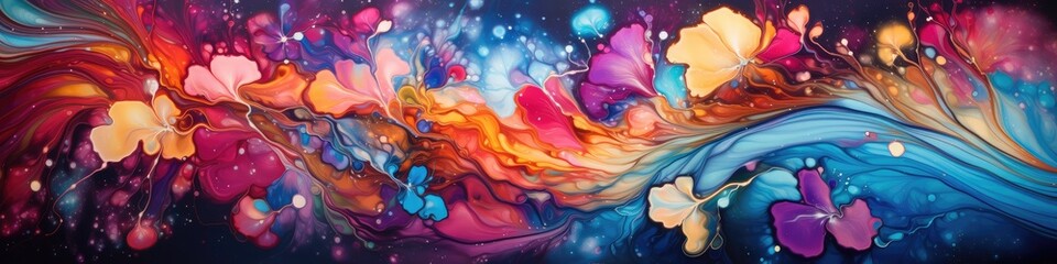 Colorful ink paint liquid flowers abstract background. Generative AI