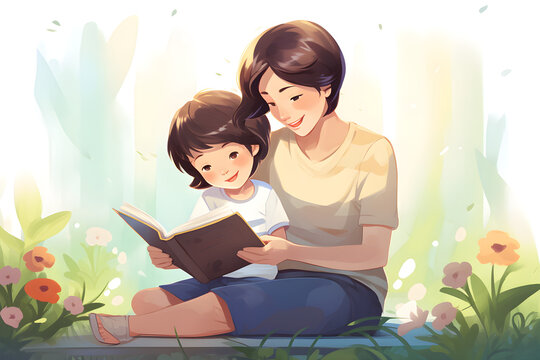 illustration of happy Asian Preschool age boy sitting with his mom reading a story book, cute simple cartoon style