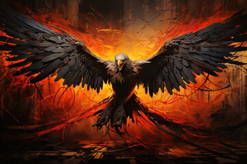 an eagle on fire with the wings spread out and it's red, orange and black in the background