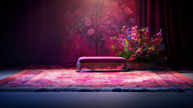 A pink rug, with a floral pattern and a fringe border