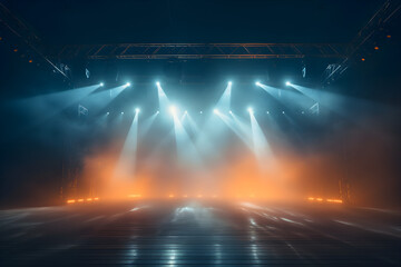 Concert stage with spotlights Beautiful and magnificent, with fog, spotlights, orange and blue...
