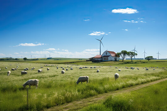 sheep grazing in a field with windmills in the background and a red barn on the other side of the photo