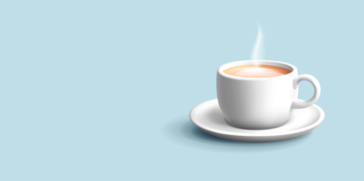 3d illustration of cappuccino in a 3d white coffee cup with saucer. Steam of hot drink