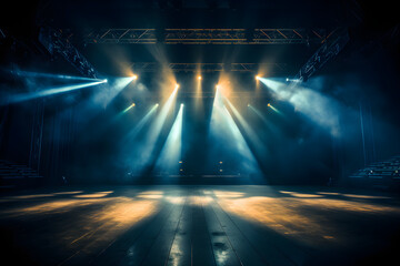 An empty stage club with blue and yellow bright stage lights and lights beams through a smoky atmosphere background - obrazy, fototapety, plakaty