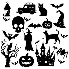 set of silhouettes of Halloween on a white background. Vector illustration.
