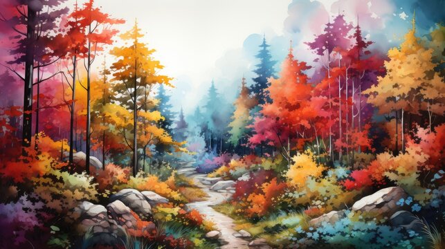 A watercolor painting of a forest with vibrant colors. AI Generative