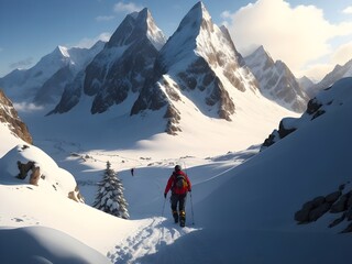 Naklejka na ściany i meble skiing in the mountains, Mountaineer walking up along a snowy ridge