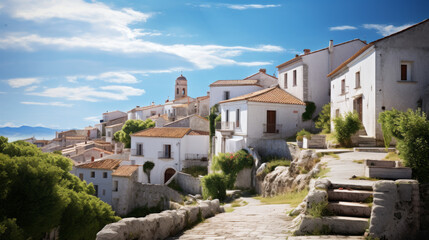A picturesque village sits atop a hill, its whitewashed homes and cobbled streets making a beautiful vista - obrazy, fototapety, plakaty