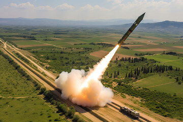 a missile being fired in the air with hills and fields in the background, as seen from an aerial view - obrazy, fototapety, plakaty