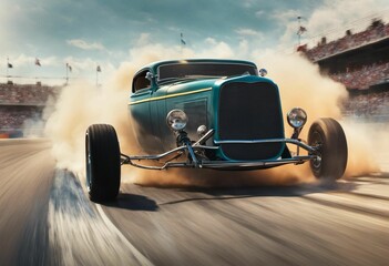 An AI illustration of the old - fashioned car is kicking up sand as it races through a track
