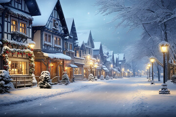 a snow covered street in the wintertime with buildings and lights on either side of the street, all lit up at night