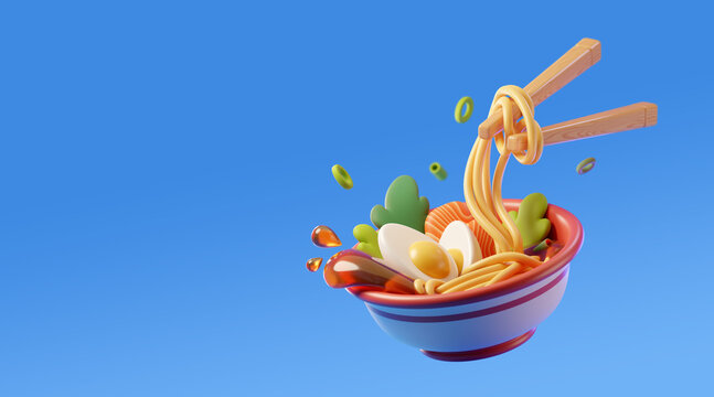 3D Asian food. Bowl of traditional noodle soup with eggs, salmon and green isolated on blue backdrop. Copy space. Ramen, udon, soba, tom yum soup. 3d render illustration