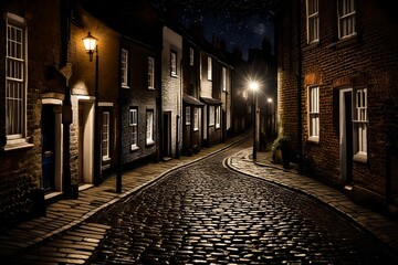 Nighttime on the cobbles at  Street in East Sussex - obrazy, fototapety, plakaty