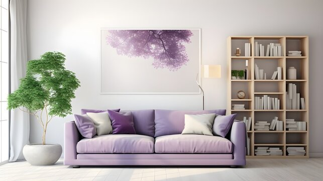 an image of a purple living room with white couches and white bookshelves framed in lavender, in the style of digital airbrushing, sumi-e inspired, ethereal trees, fine art nouveau, minimalist color
