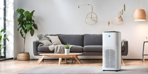 Air purifier in living room for filter and cleaning removing dust PM2.5 HEPA in home, for fresh air and healthy life,Air Pollution Concept