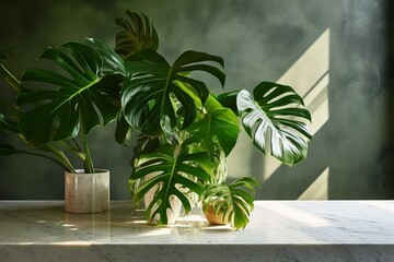 Marble counter, tropical monstera plant tree, green wall. Generative AI